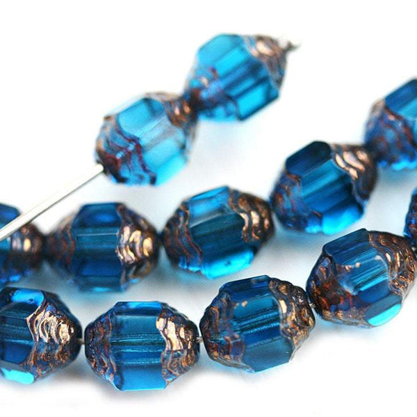 8x6mm Cathedral barrel Indicolite Blue Czech Glass beads, 15Pc