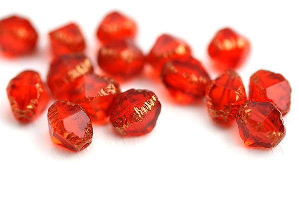 8x6mm Light Red Bicone czech glass beads, Gold wash fire polished beads - 15Pc