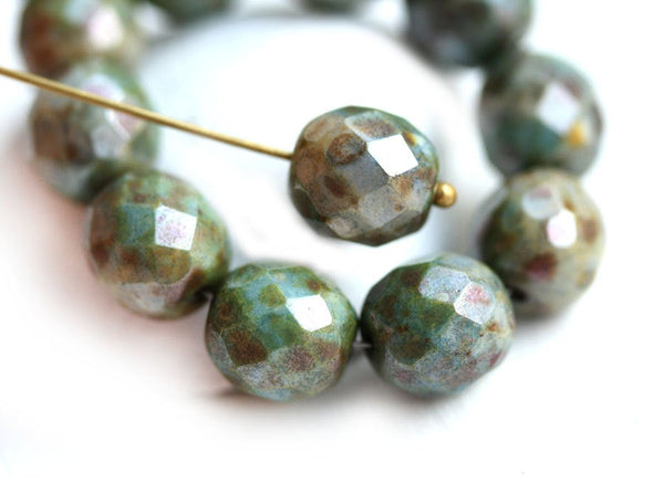 10mm Green grey Picasso Luster fire polished czech glass beads - 10Pc