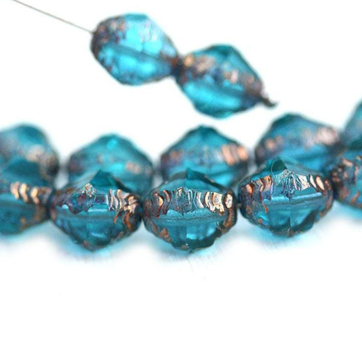 8x6mm Blue Bicone czech glass beads, Old Gold wash fire polished beads - 15Pc