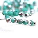4mm Turquoise Green Fire polished czech glass beads, Silver coating faceted round spacers - 50Pc