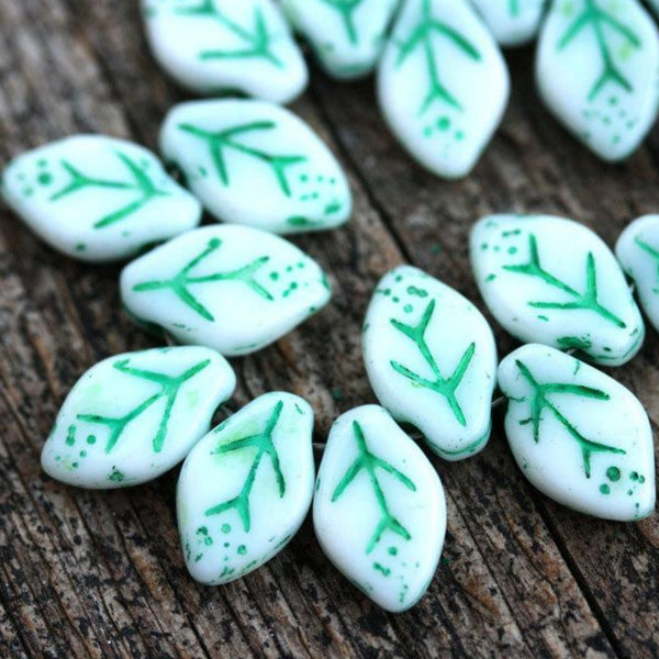 12x7mm White Leaf beads, Green Inlays, White Green Czech glass - 25Pc