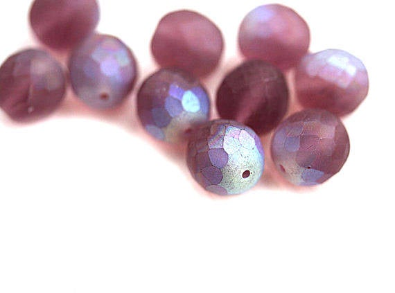 12mm round Purple beads, Fire polished czech glass - 6Pc