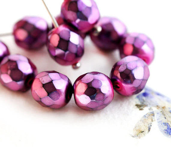 8mm Purple Pink czech glass beads, Fire polished faux pearl coating - 15Pc