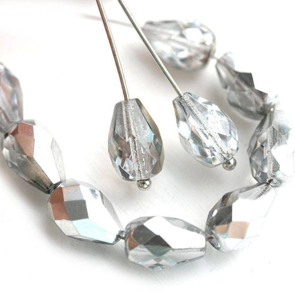 10pc Silver pear beads, teardrop faceted czech glass beads - 10x7mm