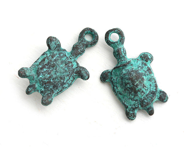 2pc Turtle charms, Green patina 25mm