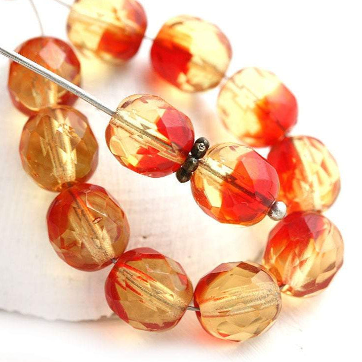 8mm Red Yellow round czech glass beads Fire polished, faceted ball beads - 15Pc