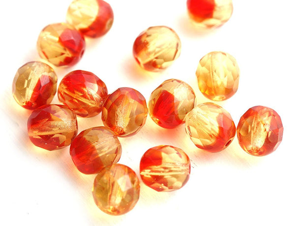 8mm Red Yellow round czech glass beads Fire polished, faceted ball beads - 15Pc