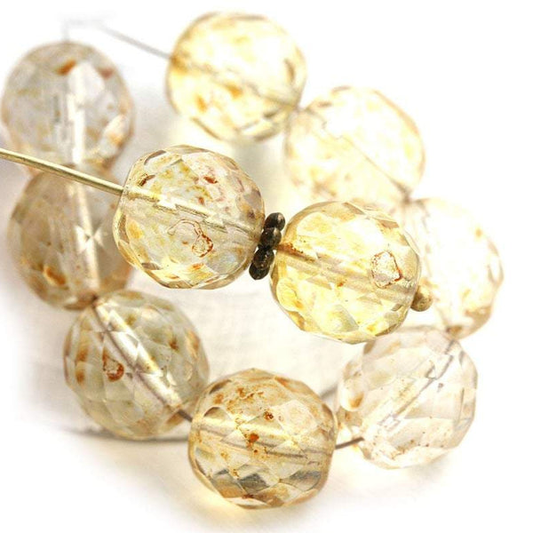 10mm Light Amber Yellow Czech glass beads, Picasso finish - 10pc