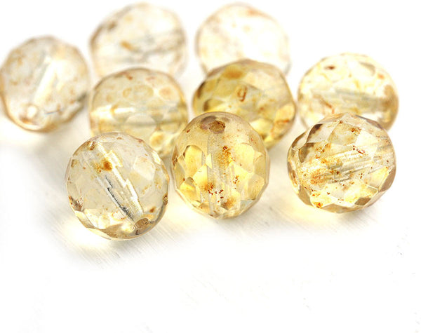 10mm Light Amber Yellow Czech glass beads, Picasso finish - 10pc