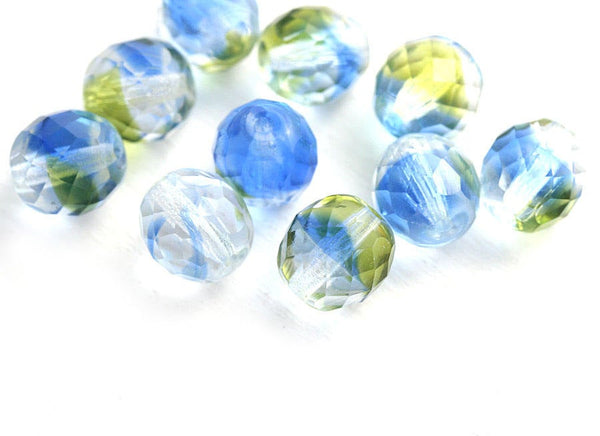 10mm Blue and Green fire polished round Czech glass beads - 10pc