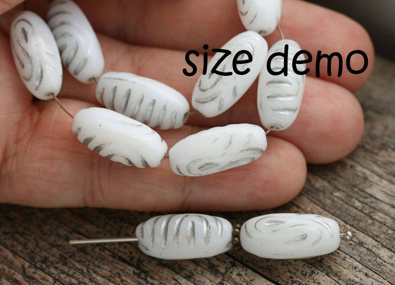 17x8mm White and Silver Ornament oval czech glass beads, 10pc