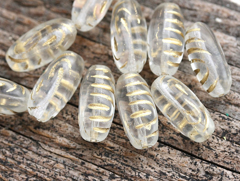 17x8mm Crystal Clear and Golden Ornament oval czech glass beads - 10pc