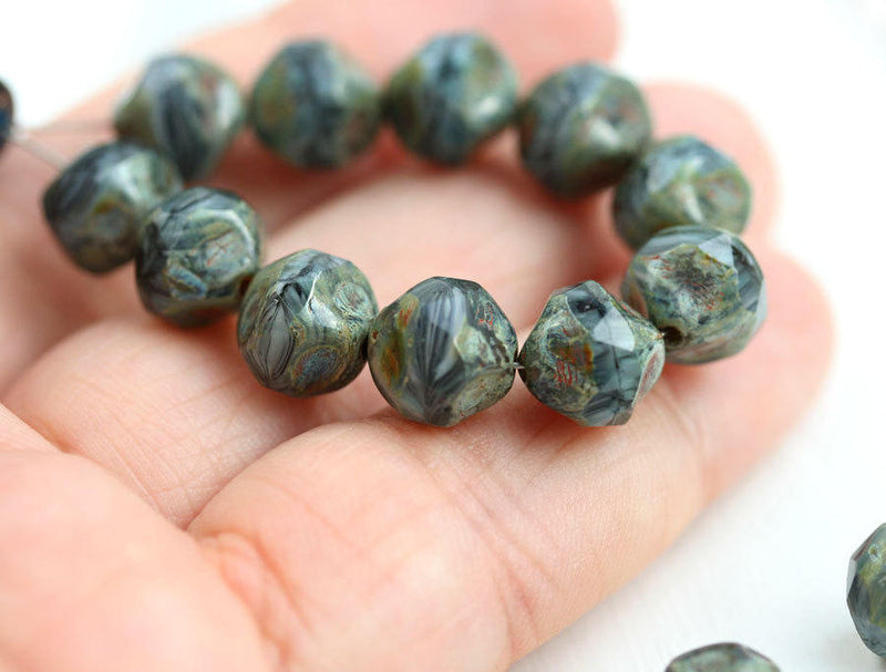 9mm Round Chunky czech beads, Picasso Dark Blue Grey mixed color fire polished beads - 15Pc