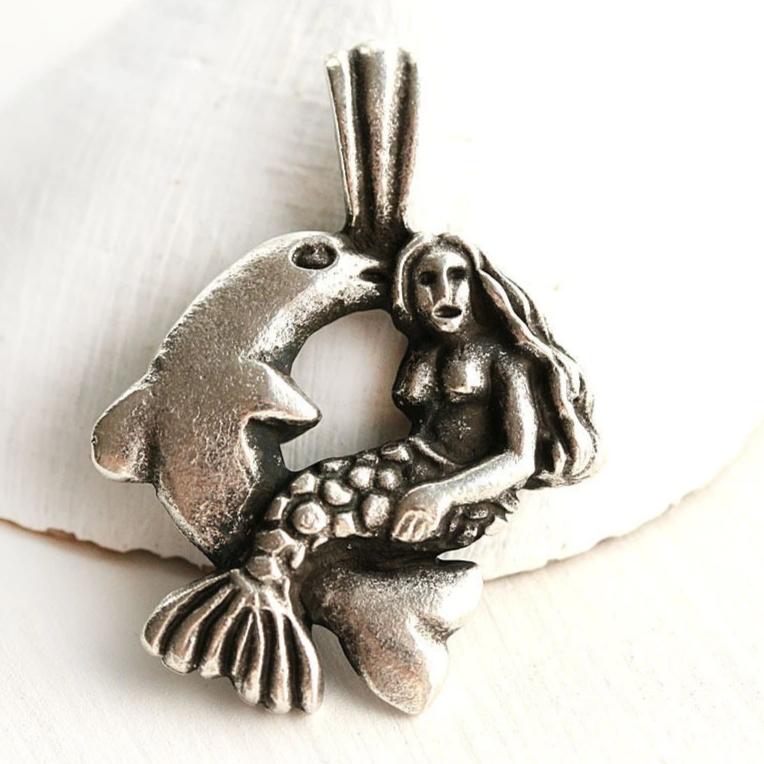 Mermaid with Dolphin pendant Antique silver