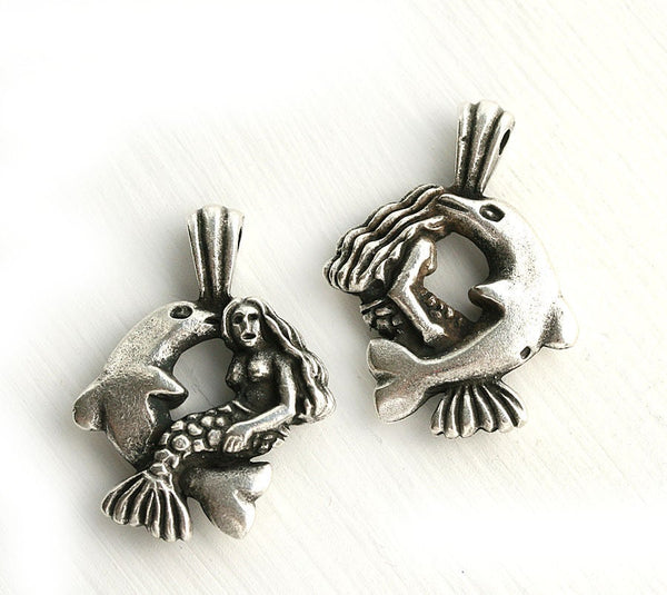Mermaid with Dolphin pendant Antique silver