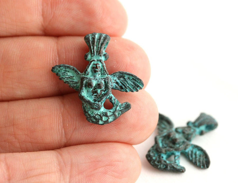 2pc Mermaid with wings Green patina on copper charms
