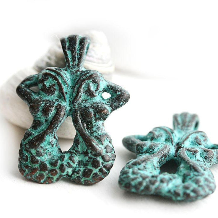 2pc Two Mermaids charms, Green patina Copper