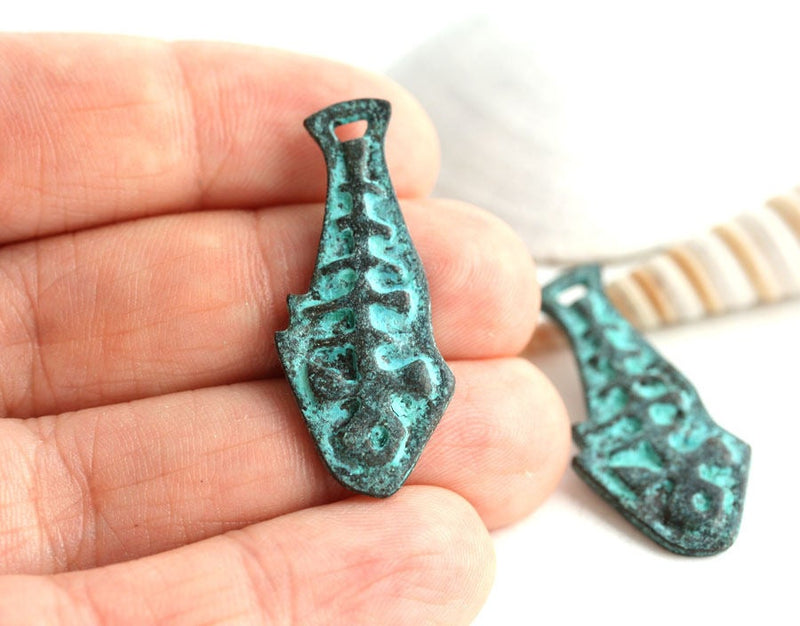 2pc Fish bone charms green patina