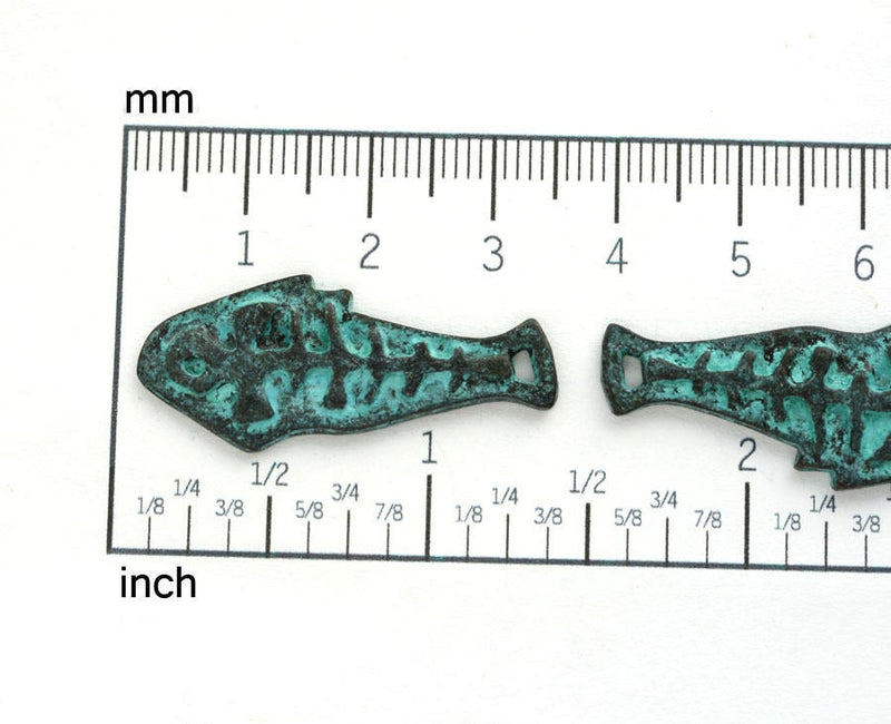 2pc Fish bone charms green patina