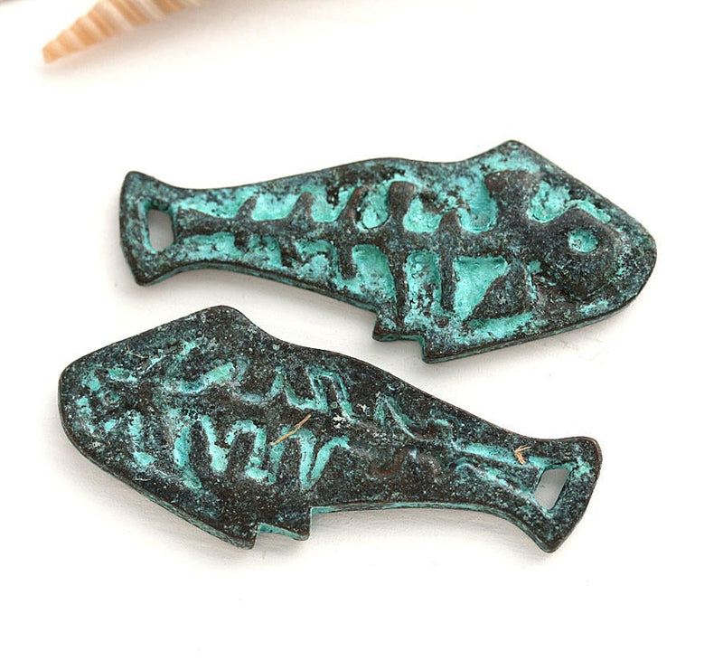 2pc Fish bone charms green patina