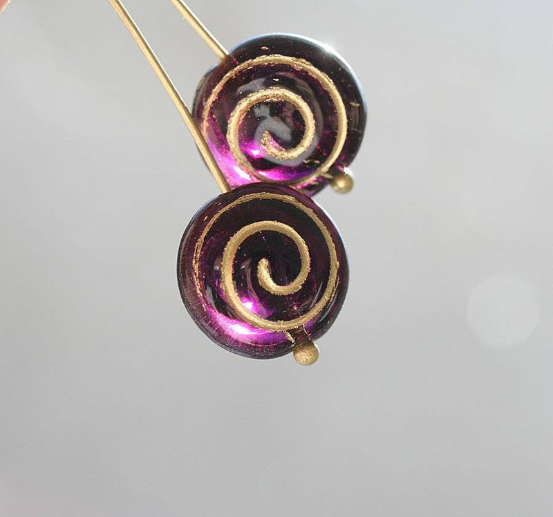8pc Dark Purple Spiral Round beads, Glass shells - 13mm