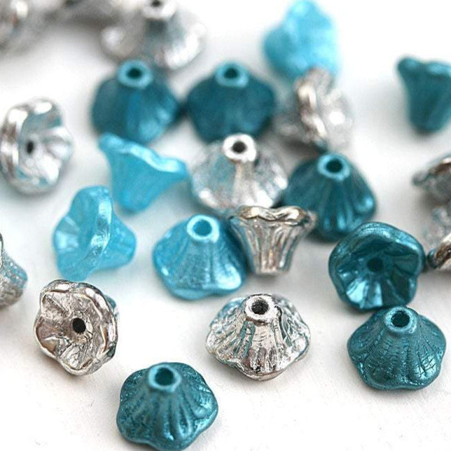 7x5mm Blue Silver Flower Cups beads Mix, Czech glass beads - 25Pc