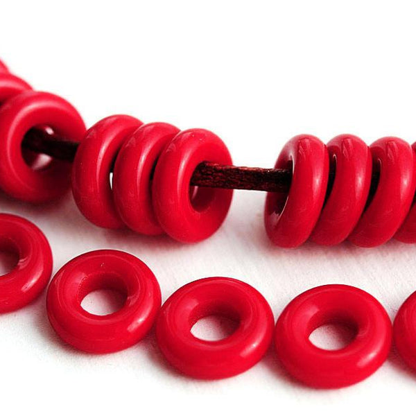 8mm Dark Red rings, Czech glass beads, for leather cord - 30Pc