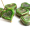 14mm Green Heart, Picasso czech glass beads, table cut - 6Pc