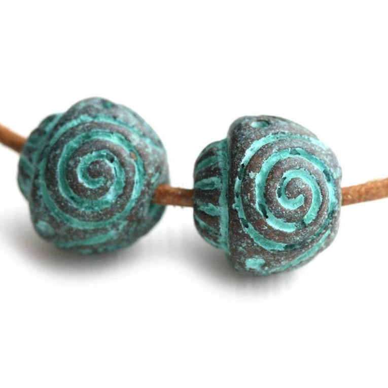 12mm Spiral Carved round greek metal beads Green Patina on copper 2Pc