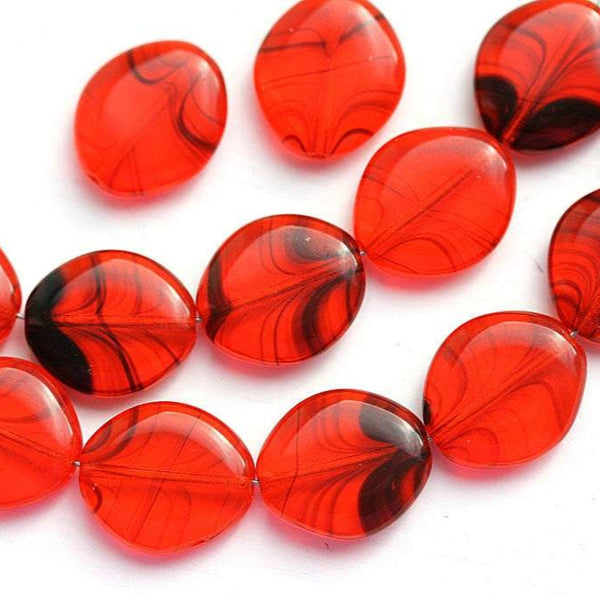 14x12mm Light Red Czech glass oval beads, black stripes - 15Pc
