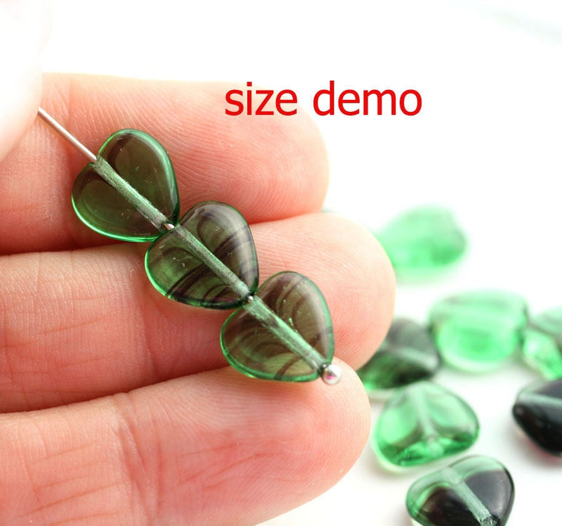 10mm Striped Green Heart czech glass pressed beads - 20Pc