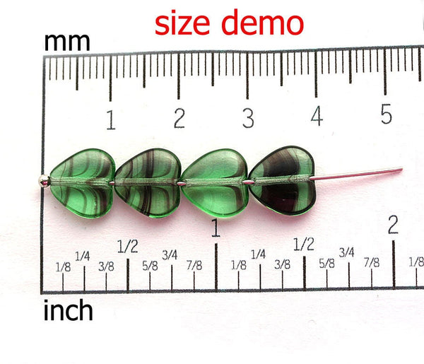 10mm Striped Green Heart czech glass pressed beads - 20Pc