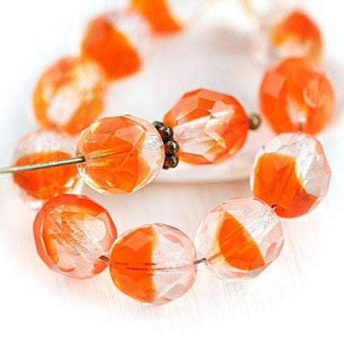 8mm Czech round Crystal Clear and Orange fire polished faceted round beads - 15Pc