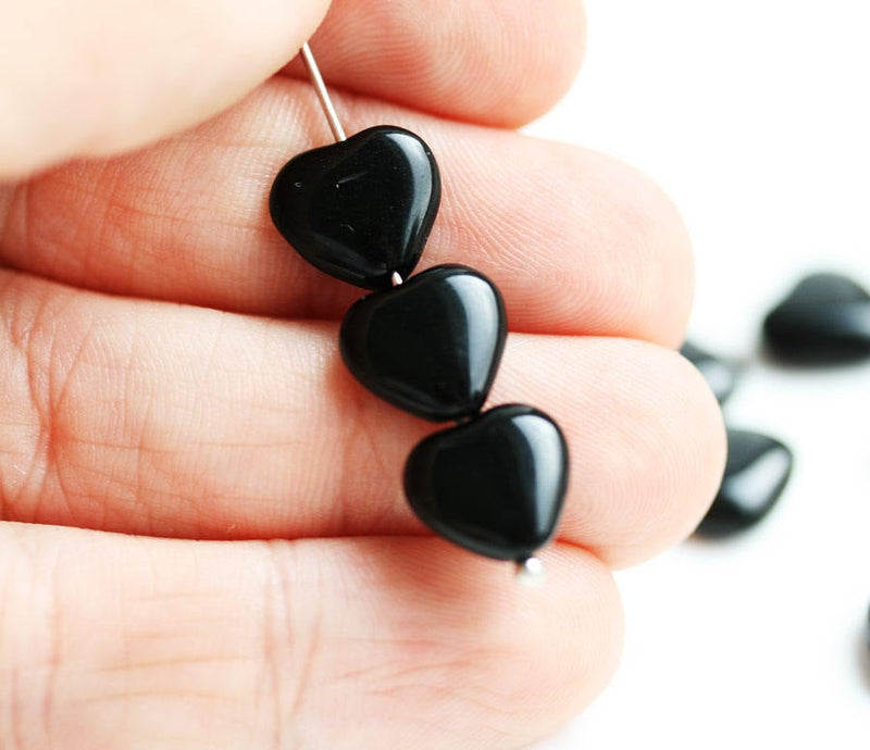 8mm Black heart beads, Jet black czech glass pressed beads 40Pc