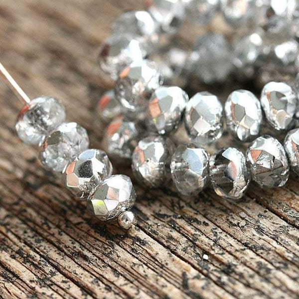 3x5mm Silver coated czech glass beads, silver and crystal spacers - 40Pc