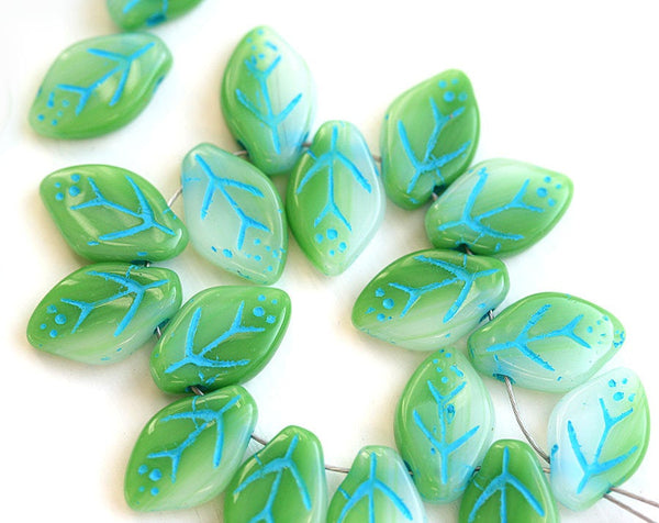 12x7mm Spring Green Leaf beads, Mixed Green, Czech glass - 25Pc