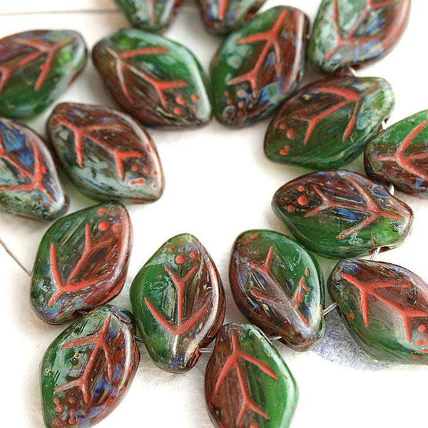 12x7mm Mixed Rustic Green Leaf beads Green Brown leaves - 25Pc