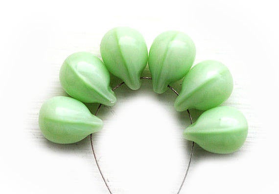 6Pc Green teardrop czech glass beads, Mint green briolettes - 10x14mm