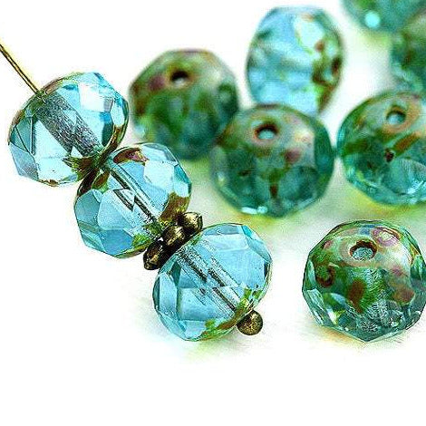 6x8mm Blue Green czech glass donut Picasso beads 12pc