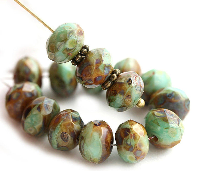 6x8mm Turquoise green and Brown czech glass rondelle beads - 12Pc