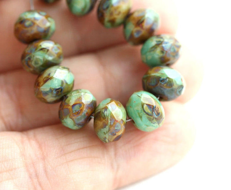 6x8mm Turquoise green and Brown czech glass rondelle beads - 12Pc