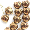 10mm Puffy Golden Heart glass beads, Gold luster over Blue - 10Pc