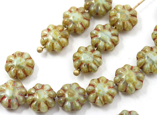 9mm Picasso green Flower czech glass beads - 20Pc