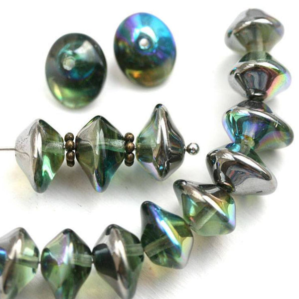 7x11mm Olive green Saucer Czech glass beads, Rainbow finish - 15Pc
