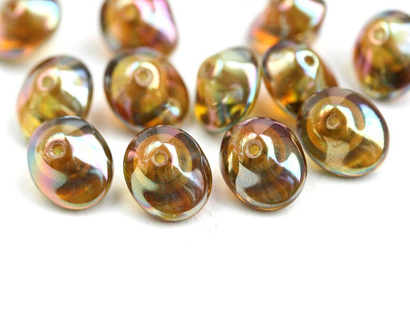 7x11mm Yellow Green Czech glass Saucer beads, Rainbow finish - 15Pc