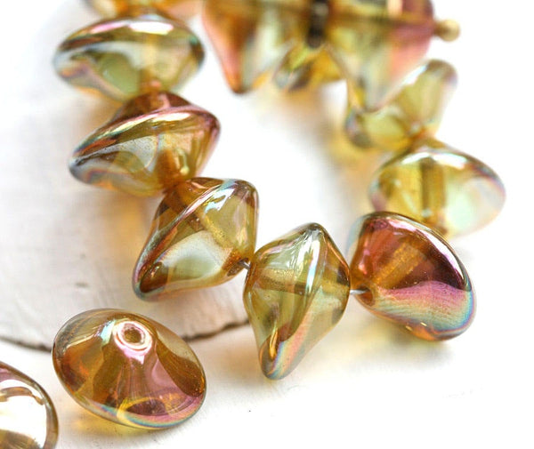 7x11mm Yellow Green Czech glass Saucer beads, Rainbow finish - 15Pc
