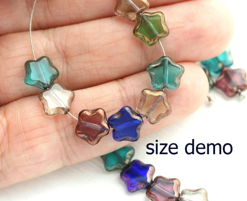 8mm Small Star beads mix, Blue Green Purple czech glass beads, Old Gold luster - 20Pc