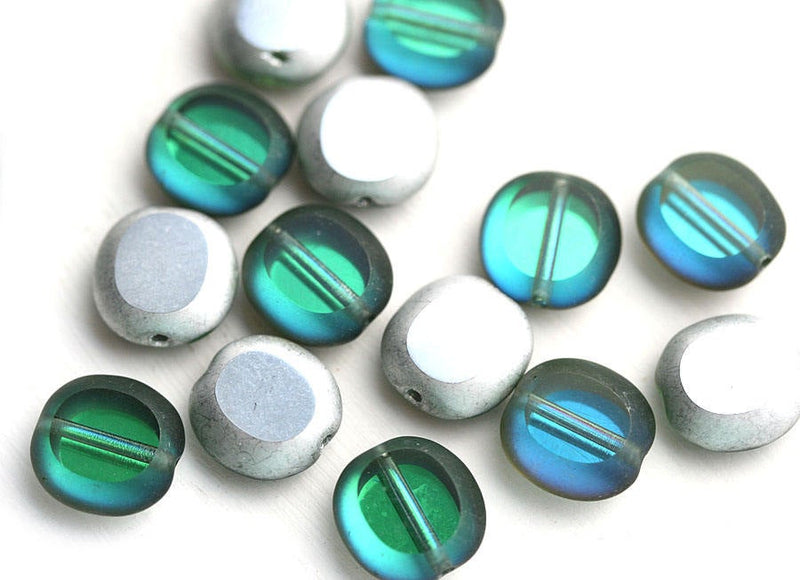10x9mm Green and Silver czech glass beads, oval shape - 15Pc