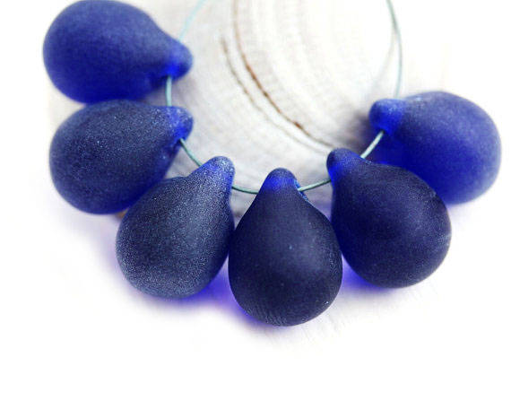 6Pc  Matte Dark Blue glass Teardrop beads, frozen Blue czech glass beads - 10x14mm